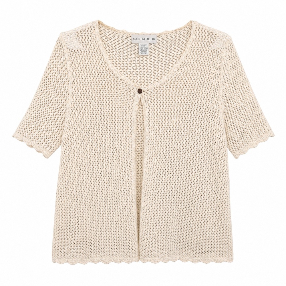 Sag Harbor XL Cream Crochet Cardigan Open Knit Short Sleeve Boho Coastal Grandma